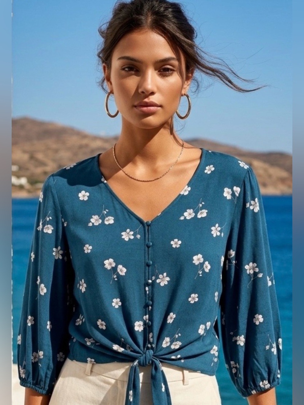 Blue Rain Teal Floral Tie-Front V-Neck Long sleeve Blouse S